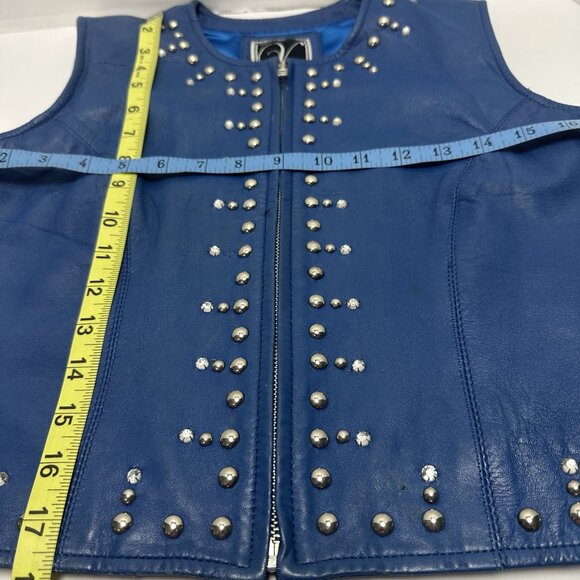 Vintage Valencia Women's Blue Leather Vest Size M Studded and Rhinestone - Picture 7 of 13